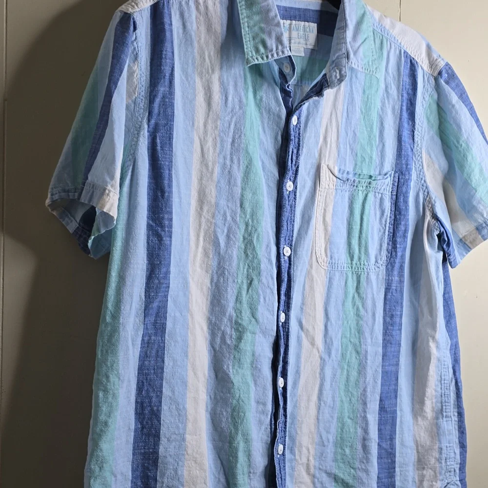 American Eagle Striped Button Up Resort Shirt Large - Picture 6 of 11